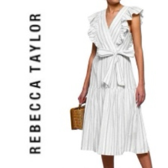 Rebecca Taylor Blue / White Mini Stripe Ruffled Tie Waist Cotton Midi Dress - Picture 1 of 6